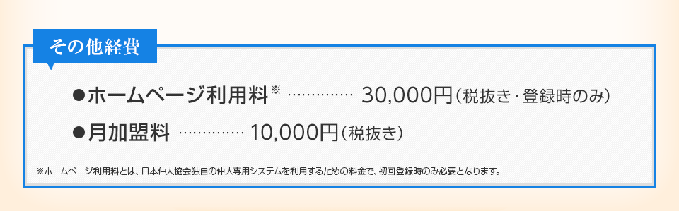 その他経費 ホームページ利用料 30,000円（税抜き・登録時のみ） 月加盟料 10,000円（税抜き）※ホームページ利用料とは、日本仲人協会独自の仲人専用システムを利用するための料金で、初回登録時のみ必要となります。