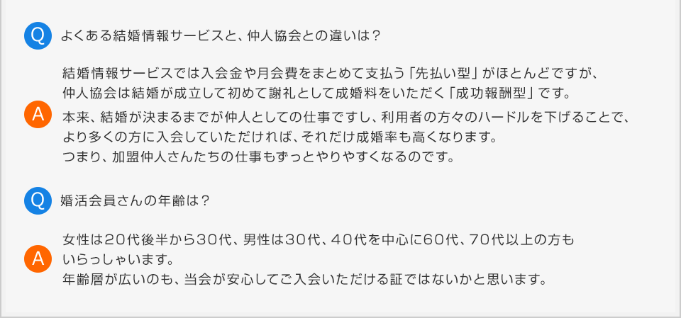 Q よくある結婚情報サービスと、仲人協会との違いは？ A 結婚情報サービスでは入会金や月会費をまとめて支払う「先払い型」がほとんどですが、仲人協会は結婚が成立して初めて謝礼として成婚料をいただく「成功報酬型」です。本来、結婚が決まるまでが仲人としての仕事ですし、利用者の方々のハードルを下げることで、より多くの方に入会していただければ、それだけ成婚率も高くなります。つまり、加盟仲人さんたちの仕事もずっとやりやすくなるのです。 Q 婚活会員さんの年齢は？ A 女性は20代後半から30代、男性は30代、40代を中心に60代、70代以上の方もいらっしゃいます。年齢層が広いのも、当会が安心してご入会いただける証ではないかと思います。